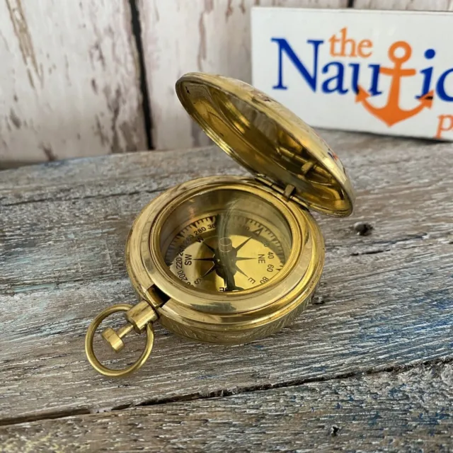 Brass Push Button Compass With Lid - Old Vintage Pocket Style Keychain - Gold