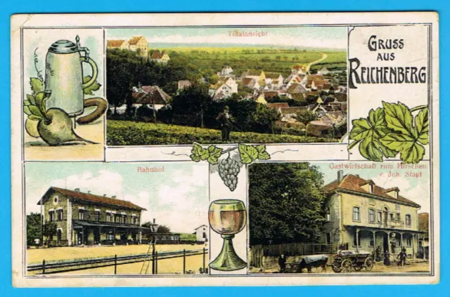 Gruss aus Reichenberg ca. 1910 "Bahnhof Gasthaus Totale" Unterfranken Würzburg