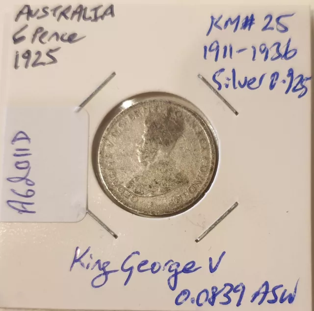 1925 Australia 6 pence KM#25 silver. King George V, Coat of Arms (A6d011D)