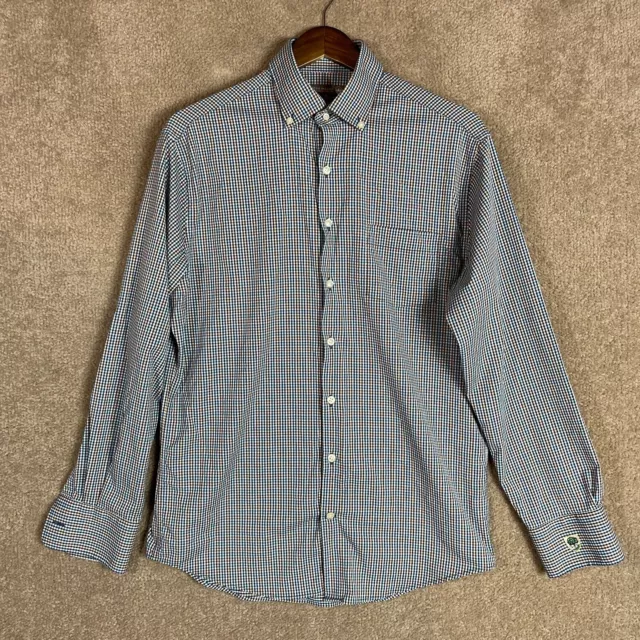 Peter Millar Shirt Mens Medium Blue/White Summer Comfort Gingham Button Down