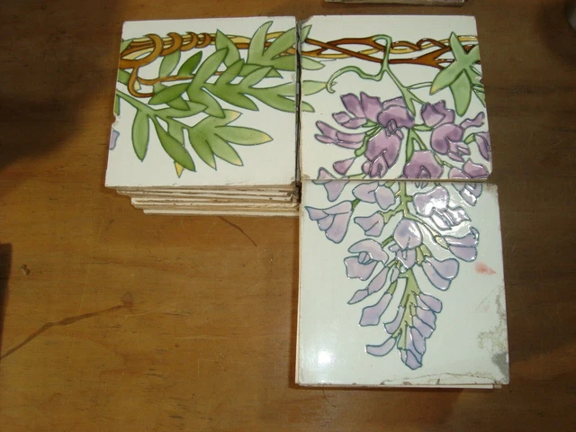 Purple wisteria flowers 36 France Sarreguemines Original antique reclaimed tiles 4
