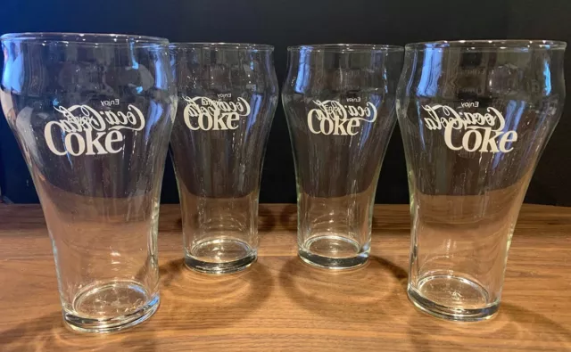 Set of 4 Vintage Coca Cola / Enjoy Coke 6" Bell Shape Glasses Clear Glass 8 oz