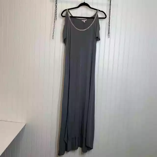 Juicy Couture Women’s Gray Cold Shoulder Jeweled Neck Slit Maxi Dress Size XL