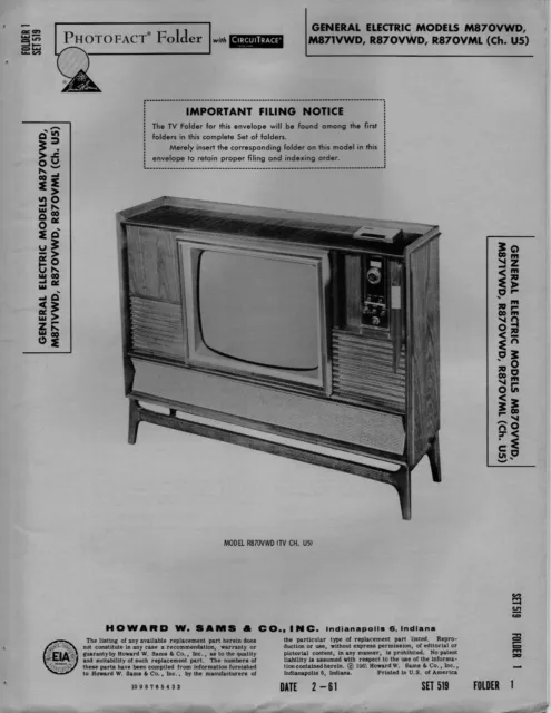 1961 General Electric M870Vwd Television Service Manual Photofact M871Vwd More