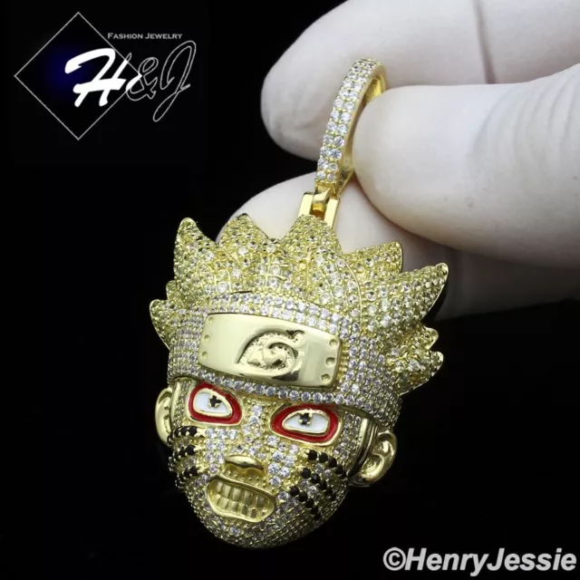 Men 925 Sterling Silver Icy Bling Cz Gold Plated Naruto Uzumaki Head Pendant*420