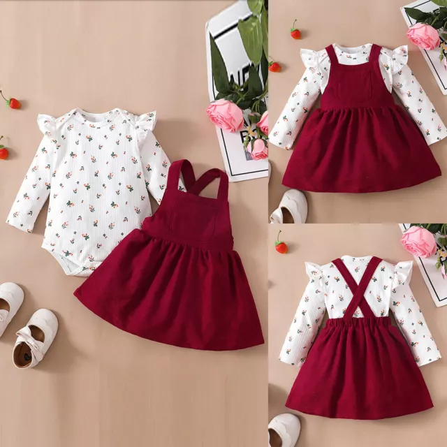 Newborn Baby Girls Long Sleve Ruffle Romper Tops+Dungaree Overalls Dress Sets AU