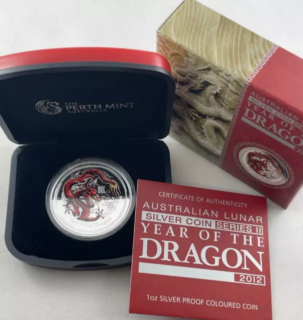 2012 Australia 1oz Year of the Dragon Coloured Proof Coin - Perth Mint -