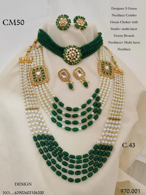 Indian Bollywood Style Combo Kundan 3 Necklaces Gold Plated Jewelry Set Bridal