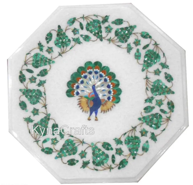 12 Inches White Marble Corner Table Malachite Stone Inlay Work Coffee Table Top