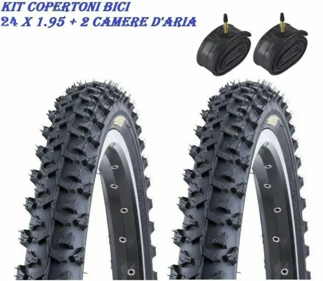 Kit 2 Copertoni PNEUMATIC+ 2 Camere d'Aria ITALIA Bici 24 x 1.95 NERO GOMMA MTB