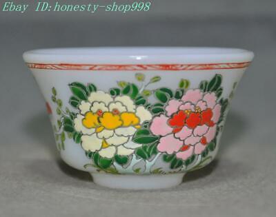 3.2"China Ancient glass Hand Painted flowers and birds statue Tea cup Bowl Bowls