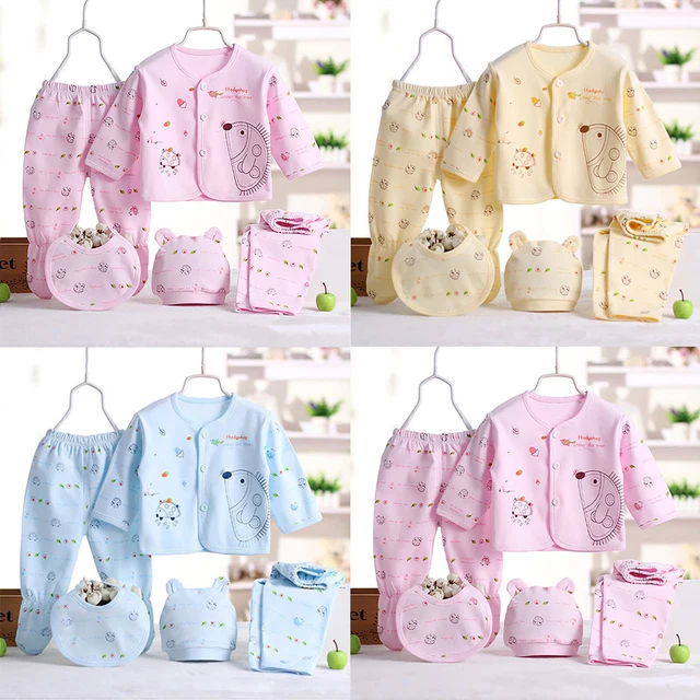 Preemie Wrap 5PCS Newborn Baby Boy Girl Cartoon Long Sleeve Tops+Hat+Pants +Bib