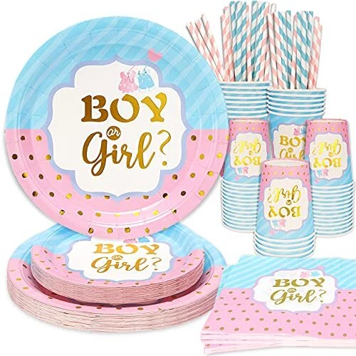 125 Pcs Gender Reveal Party Decorations, Boy or Girl Gender Reveal Plates and...