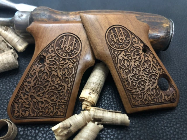 Turkish Walnut Wood Grips For Beretta 1951 / Tariq Pistol - Floral Carving, Right & Left Set