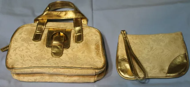 Gold Trim Zippered Bag & Matching Clutch use as purse or make-up cases