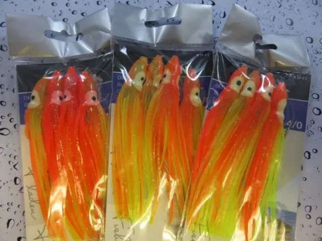 3 ORANGE YELLOW 4 HOOK 4/0 OCTOPUS GLITTER MUPPETS Cod Fishing deep Sea Boat Rig