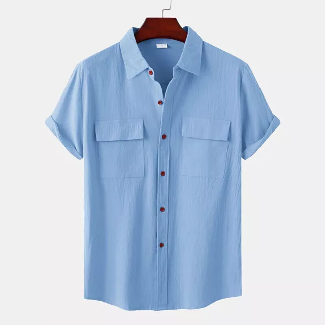 Mens Short Sleeve Shirt Casual Button Down Beach Linen Cotton Solid Color Summer 3