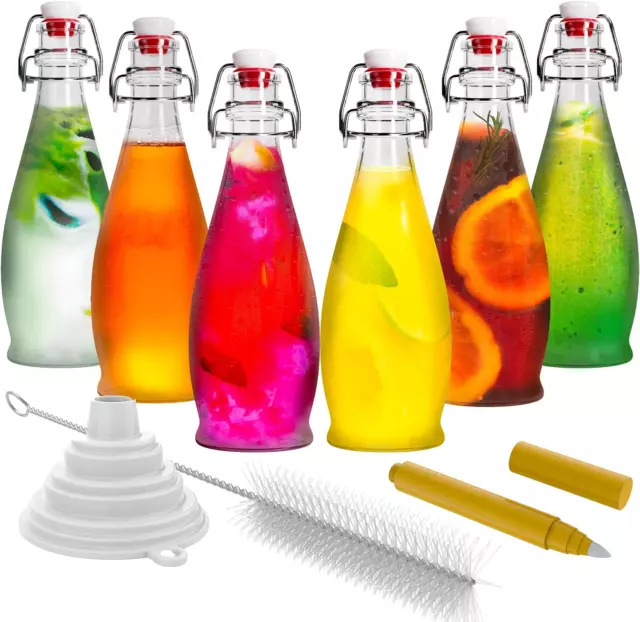 Set of 6 | 8.5 Oz. Glass Bottle Set with Swing Top Stoppers and Includes Bottle