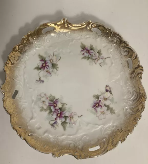 Dresden German Porcelain Reticulated Dish Purple Flowers Trimmed in Gold