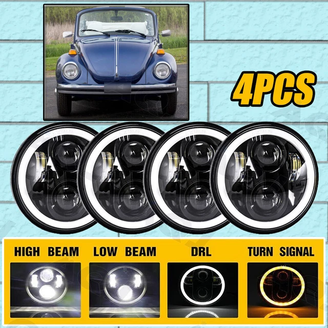 Pair 7" Inch Round LED Headlights Hi/Low Beam Halo DRL for VW Beetle 1950-1979