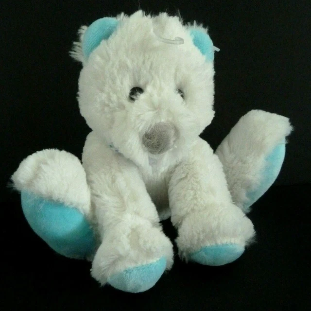 X12 - DOUDOU PELUCHE TOM ET ZOE CHIEN BLANC BLEU FOULARD POIS 17cm assis NEUF*