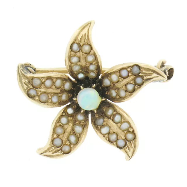 Antik Viktorianisch 14k Gold Opal Samen Perle Bedeckt Lilie Süß Pin Brosche