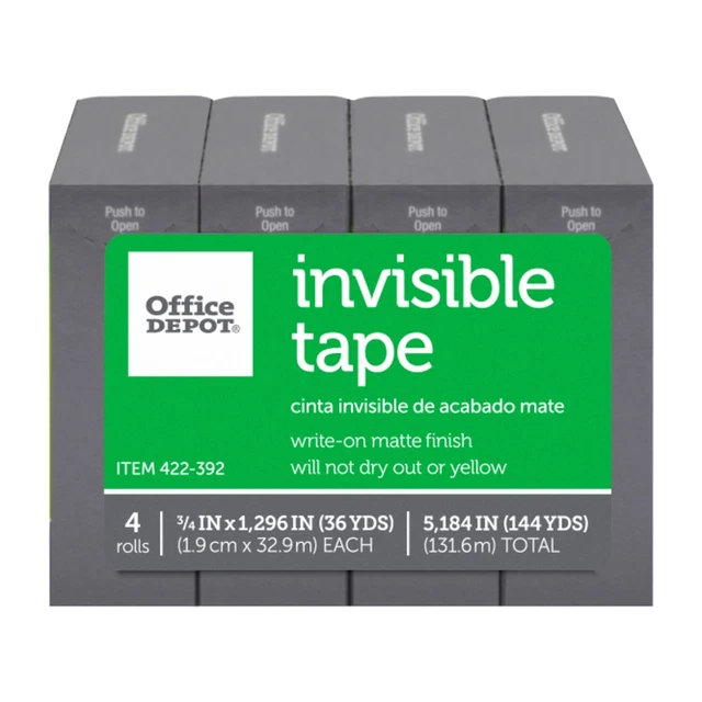 Office Depot Brand Invisible Tape, 3/4" x 1296", Clear, Pack of 4 rolls