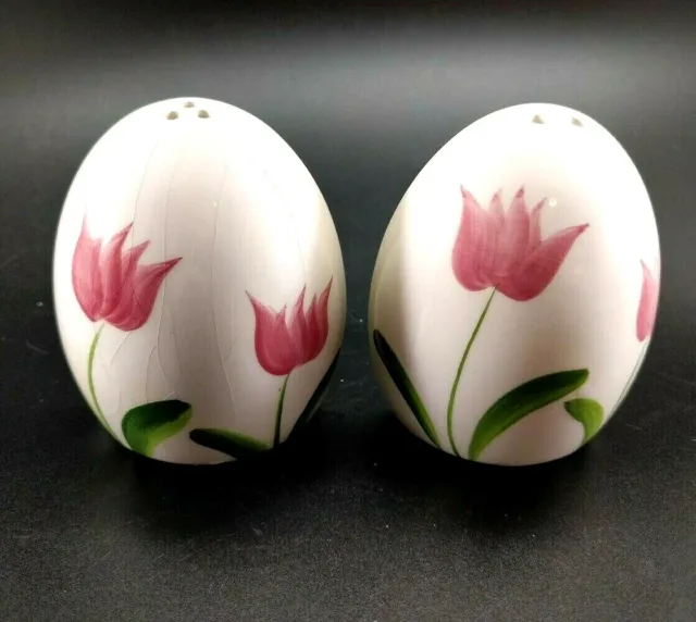 Vintage Pink Tulip Egg Shape Salt Pepper Shakers Cracks