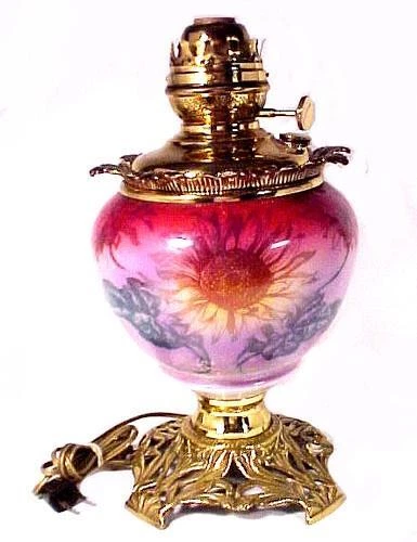 Kerosene Oil Lamp Electric Brass Glass Pink Blue Lavender Floral Success TurnKey