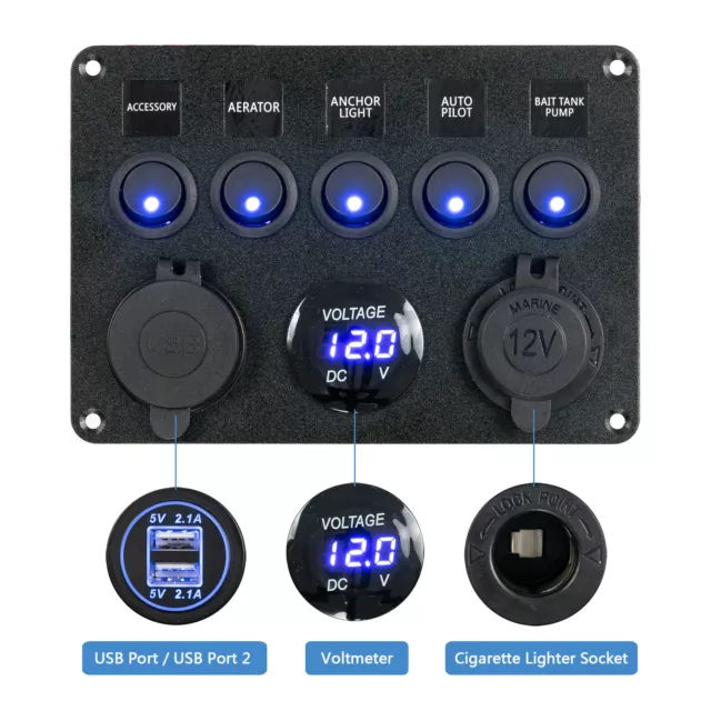 5 Gang Switch Panel 12V/24V Car Boat Marine Blue Waterproof LED Rocker Breaker 3