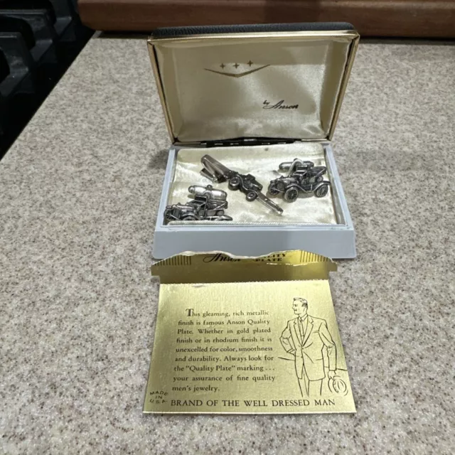Vintage Anson Sterling Antique Car Cufflinks  Tie Bar -  Silver Etched Orig Box