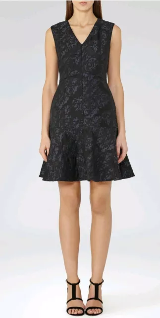 Designer REISS Saffy jacquard dress size 10 --BRAND NEW-- black/navy pockets