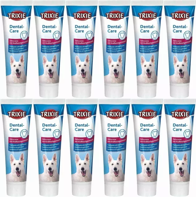 12 x Trixie Dog Toothpaste Beef Flavour Clean Teeth Gums, Reduce Bad Breath 100g