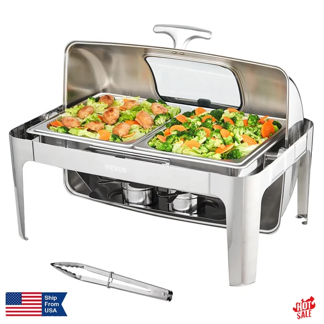 Roll Top Chafing Dish 9Qt Buffet Set w/ Visual Glass Lid Food Warmer Countertop