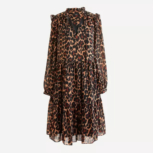 J. Crew Size Small Dress Tie-neck Tiered in Leopard Print Crinkle Chiffon