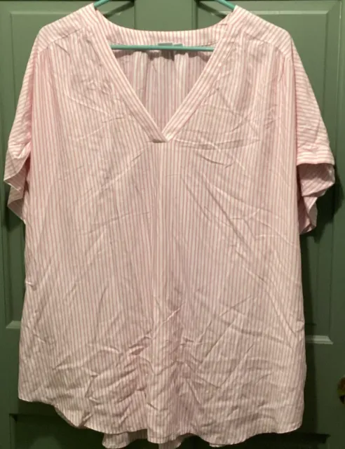 Gap Women's White & Pink Pinstripe Short Sleeve Cuffed V-Neck Blouse Size XXL