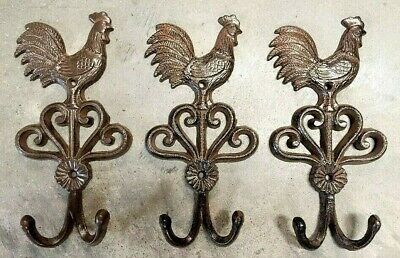 SET OF 3 ROOSTER DOUBLE HOOKS rustic brown bronze vintage country heavy duty