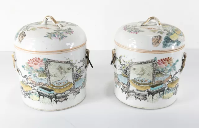 Antique Pair of Chinese Republic Porcelain Covered Jar Vase Ginseng Repaired