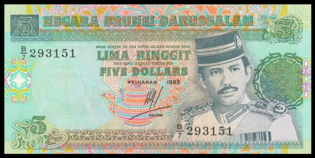 🇧🇳 Brunei , Negara Brunei Darussalam $5 Ringgit 1995 P 14 aUNC * Sultan H.Bolk