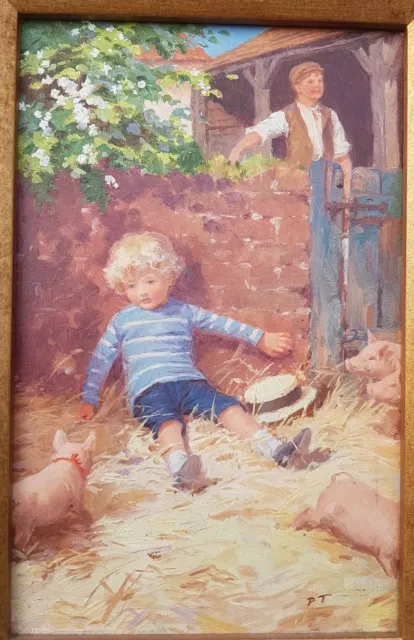 Oil Painting Illustration By Percy Tarrant - Visit To The Pig Sty