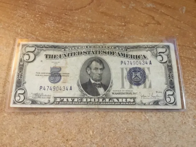 1934-C-Misaligned-$5-Silver Bill Certificate Banknote-Blue Seal-0434 A