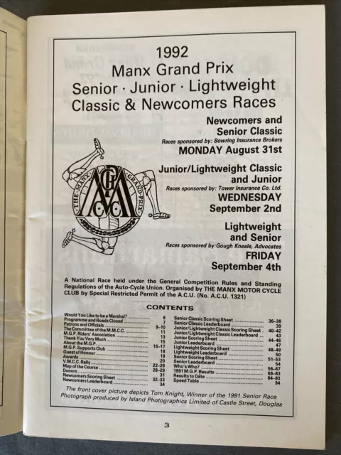 Programme Race Isle Of Man Manx Grand Prix September 1992 Motorcycle Racing A5 2