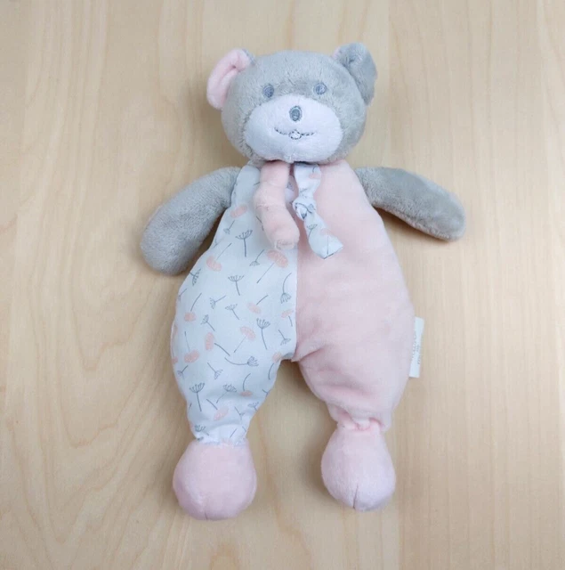 Doudou peluche ours gris MUSTI MUSTELA rose blanc fleur semi plat