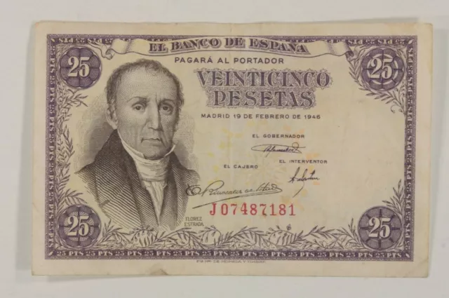 1946 Spain 25 Pesetas Note // Very Fine+ (VF+) // Pick#130a.1