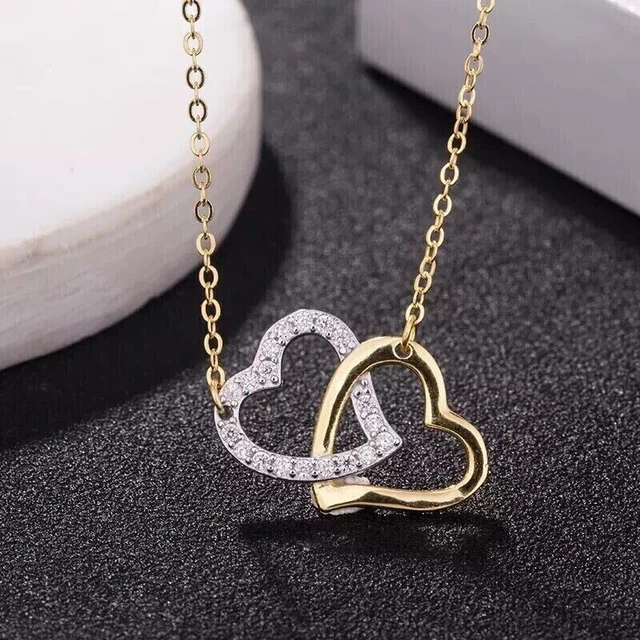 2Ct Round Cut Moissanite Double Heart Pendant 14k Yellow Gold Plated Free Chain