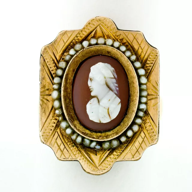 Antique Victorien Gravé Gf Sculpté Agate Cameo Bague Solitaire W/10k Or Anneau