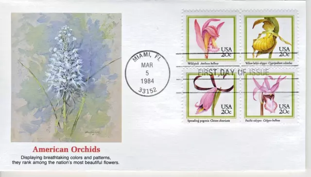 US FDC 1984 #2076 - 2079 Block American Orchids 20¢ Fleetwood Cachet