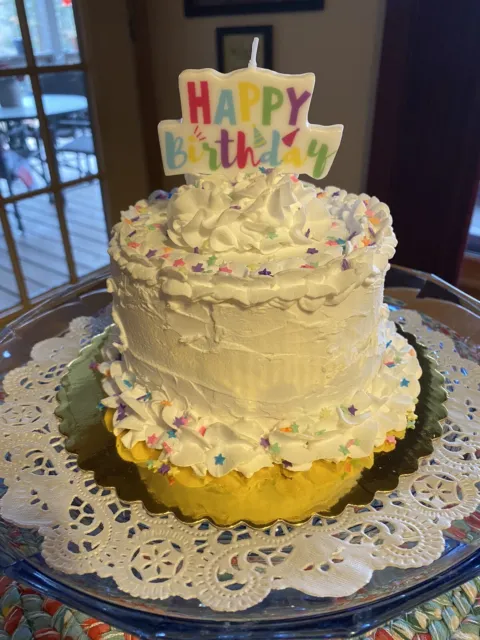 Fake Handmade WHITE  BIRTHDAY Cake 6”Tx5”W