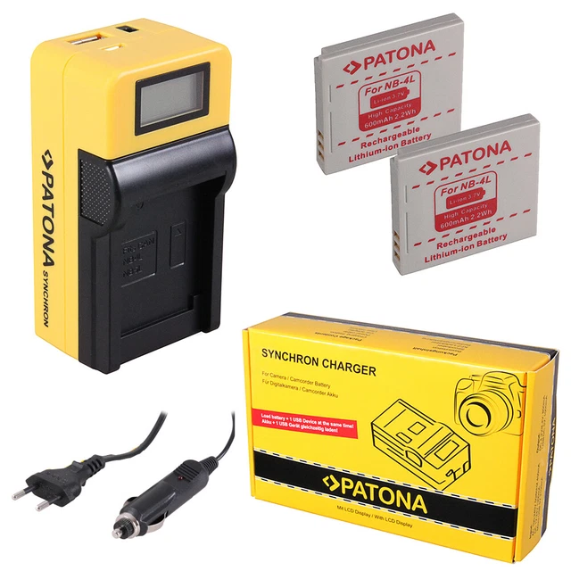 2x Batteria Patona + caricabatteria Synchron LCD USB per PowerShot SD1000