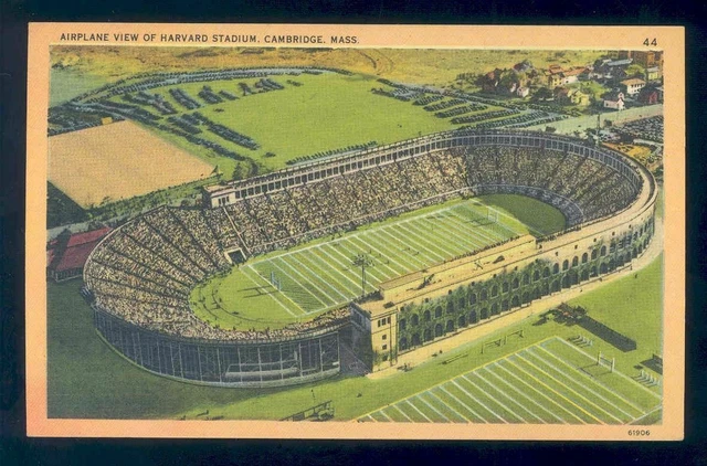 linen football postcard AIRPLANE VIEW OF HARVARD STADIUM CAMBRIDGE MASS crimson